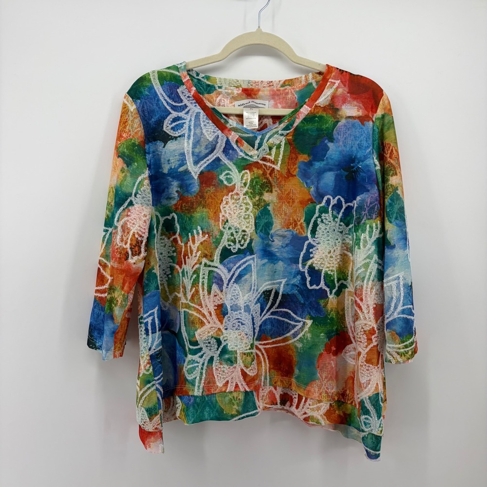 Alfred Dunner Womens PL Multicolor Floral Blouse Embroidered Burnout V-Neck Top